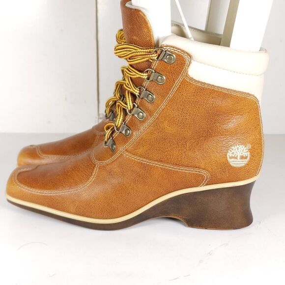 Timberland Women's US 7M Brown Leather Square Toe Lace-Up Wedge Ankle Booties - Picture 2 of 16